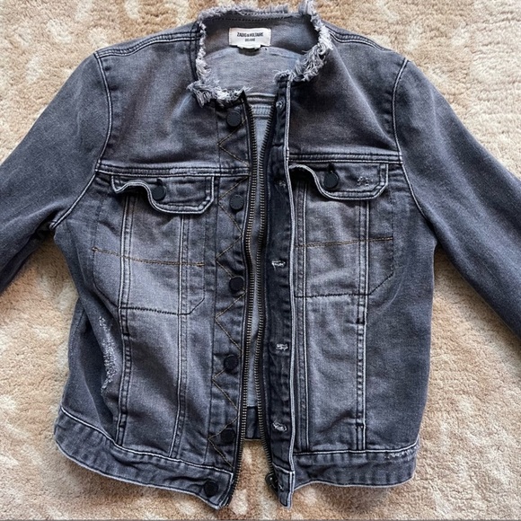 Zadig & Voltaire Kioky Gris Love Now Embroidered Collarless Denim Jacket Black S - Picture 3 of 14